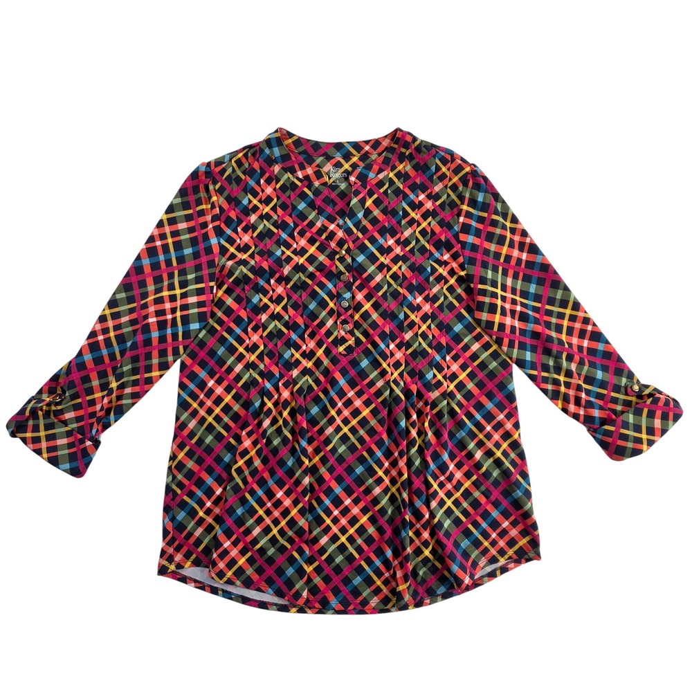 Kim Rogers Womens Multicolor Plaid Long Sleeve Button V-Neck Blouse Top Large